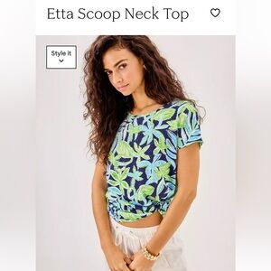 Lilly Pulitzer Etta Scoop Neck Tee in Saphire Pool/Tropical Tango. Size XL. NWT